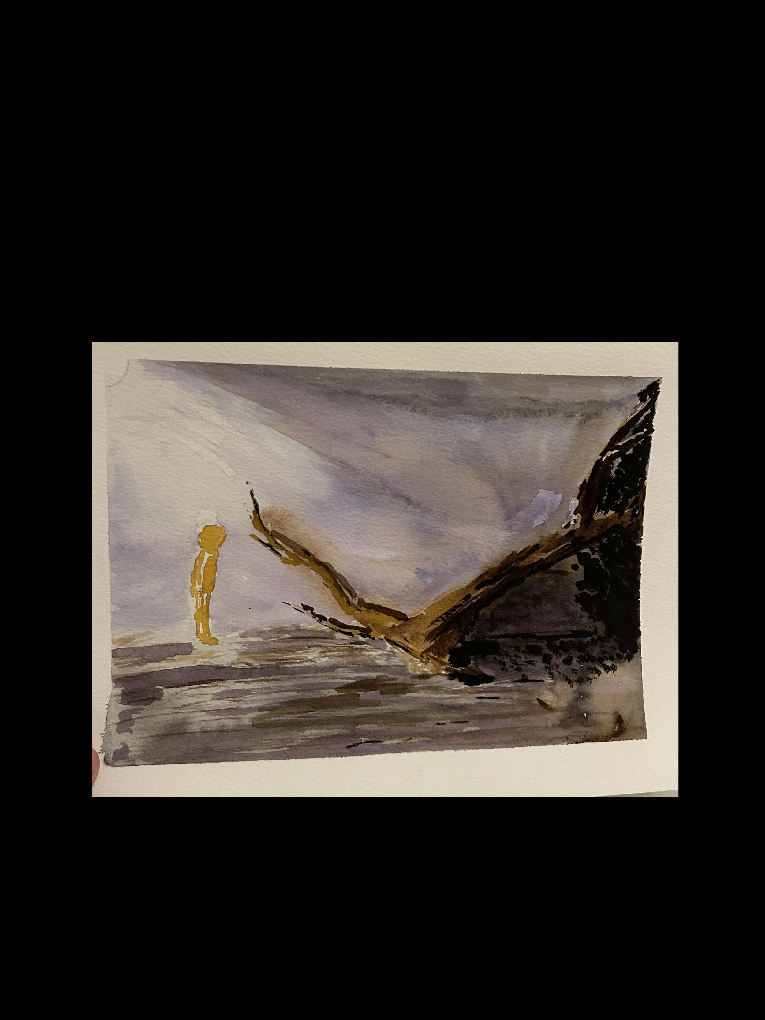 The image shows an abstract watercolor painting with muted earth tones, a yellow figure on the left, and dynamic brushstrokes creating a sense of movement and depth.