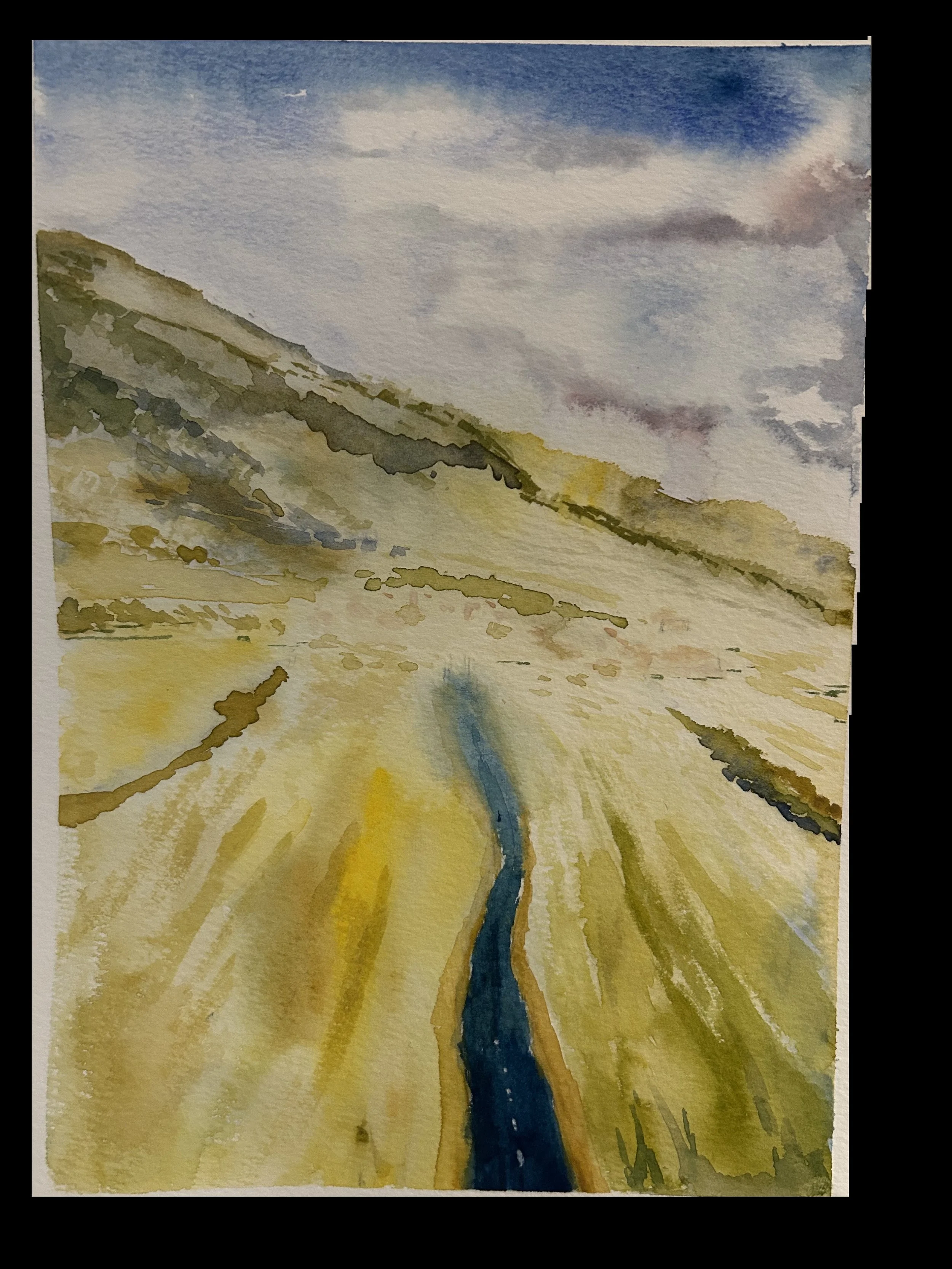 Watercolor painting of a winding blue river through yellow land with a cloudy sky overhead. Original artwork by Palmer McCluskey.