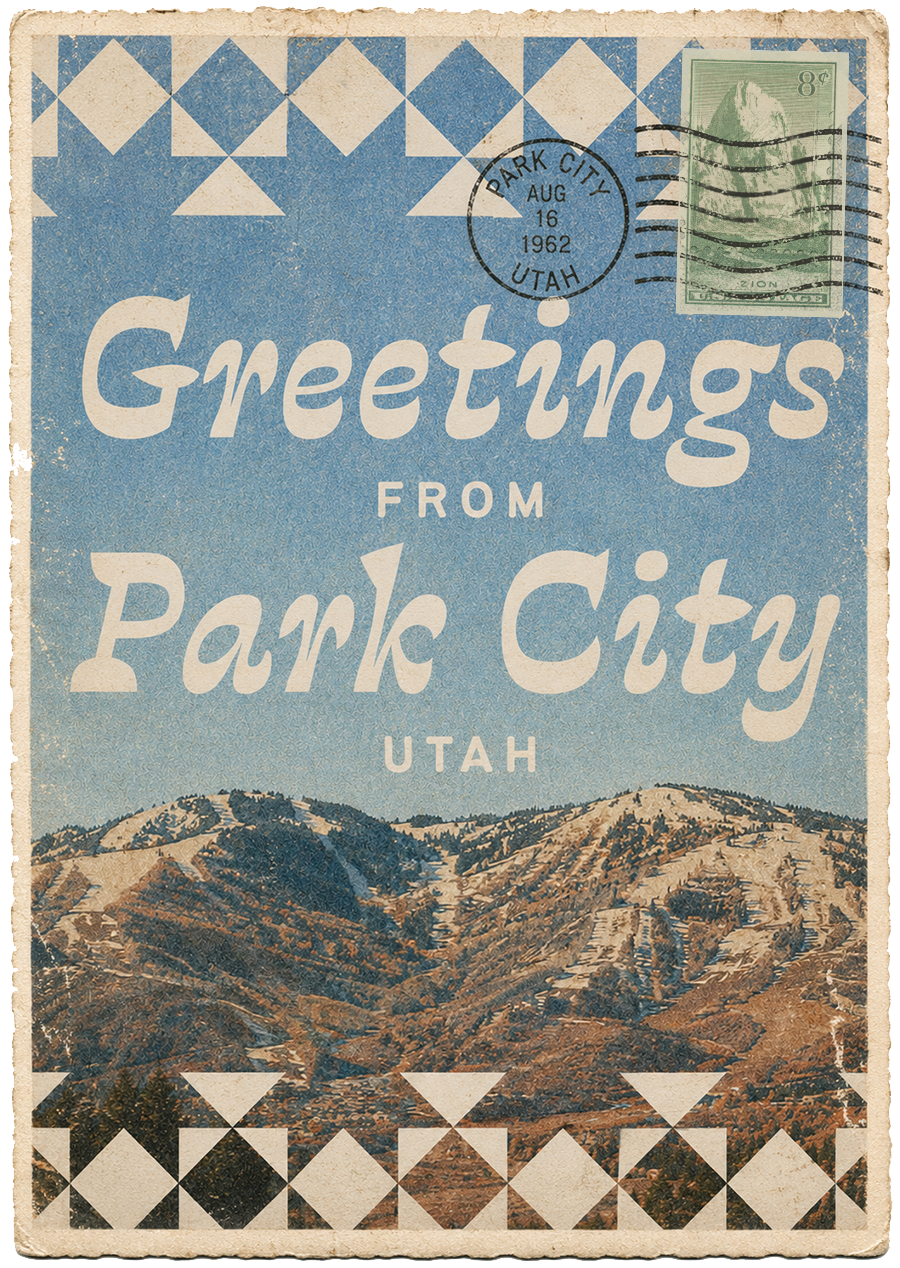 Vintage postcard with mountain landscape, blue sky, and a green 8-cent postage stamp, postmarked August 16, 1962, from Park City, Utah, with the text 'Greetings from Park City, Utah'.