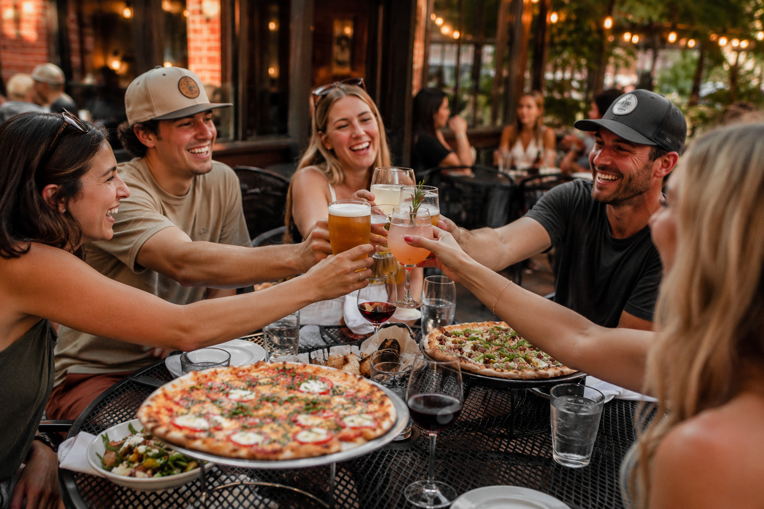 Six friends enjoying drinks and pizza at an outdoor restaurant, toasting and smiling.