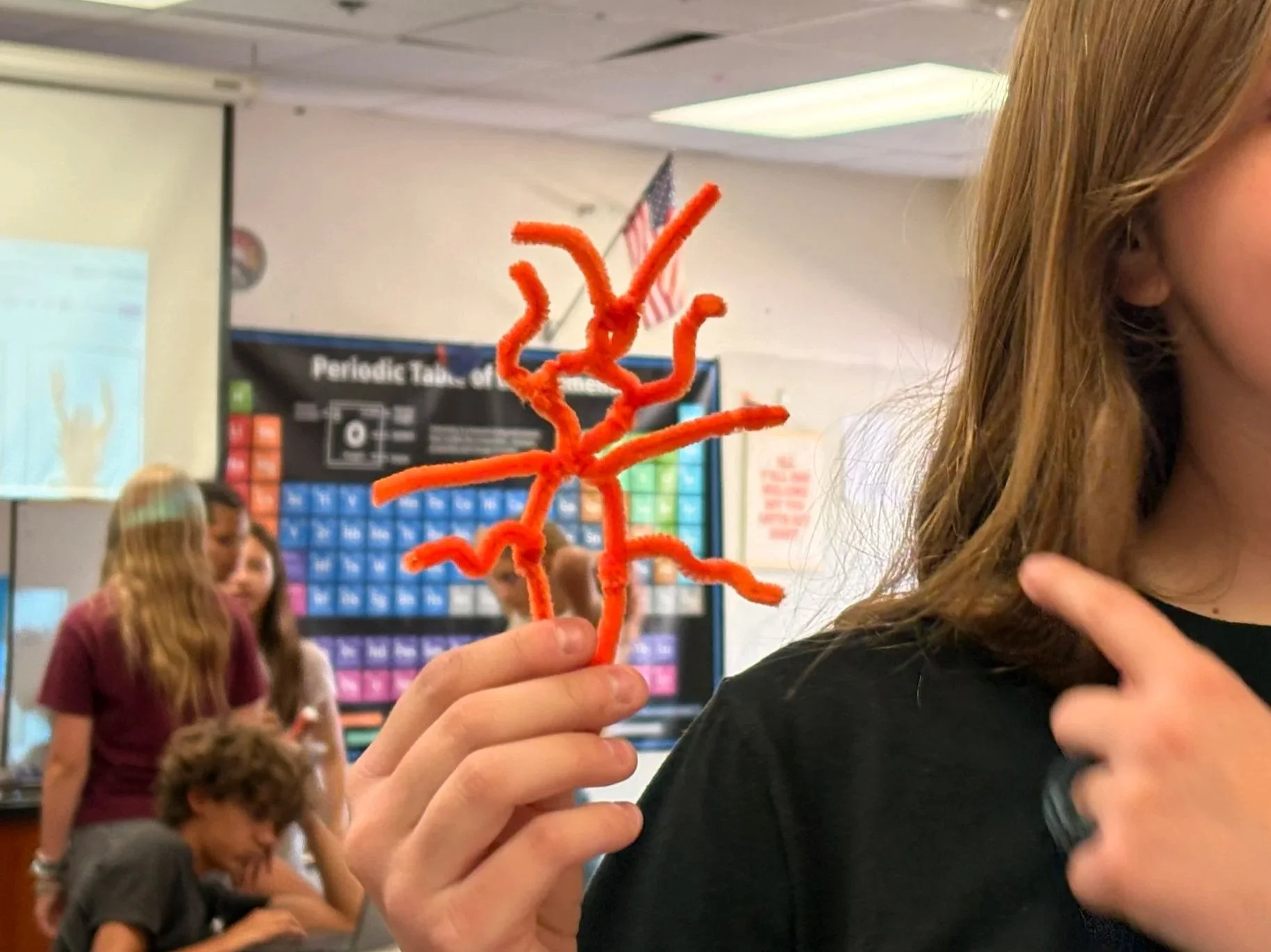 A person holding an orange pipe cleaner sculpture resembling a branched tree or coral in a classroom with students and periodic table chart in the background.