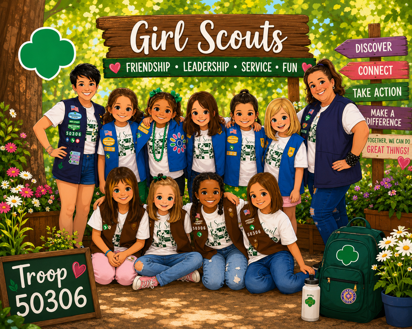 A group of Girl Scouts and their leader posing outdoors with trees and flowers in the background. They are wearing Girl Scout uniforms and vests, and are smiling. There are signs and a backpack with Girl Scout logos, and a board that says "Troop 50306."