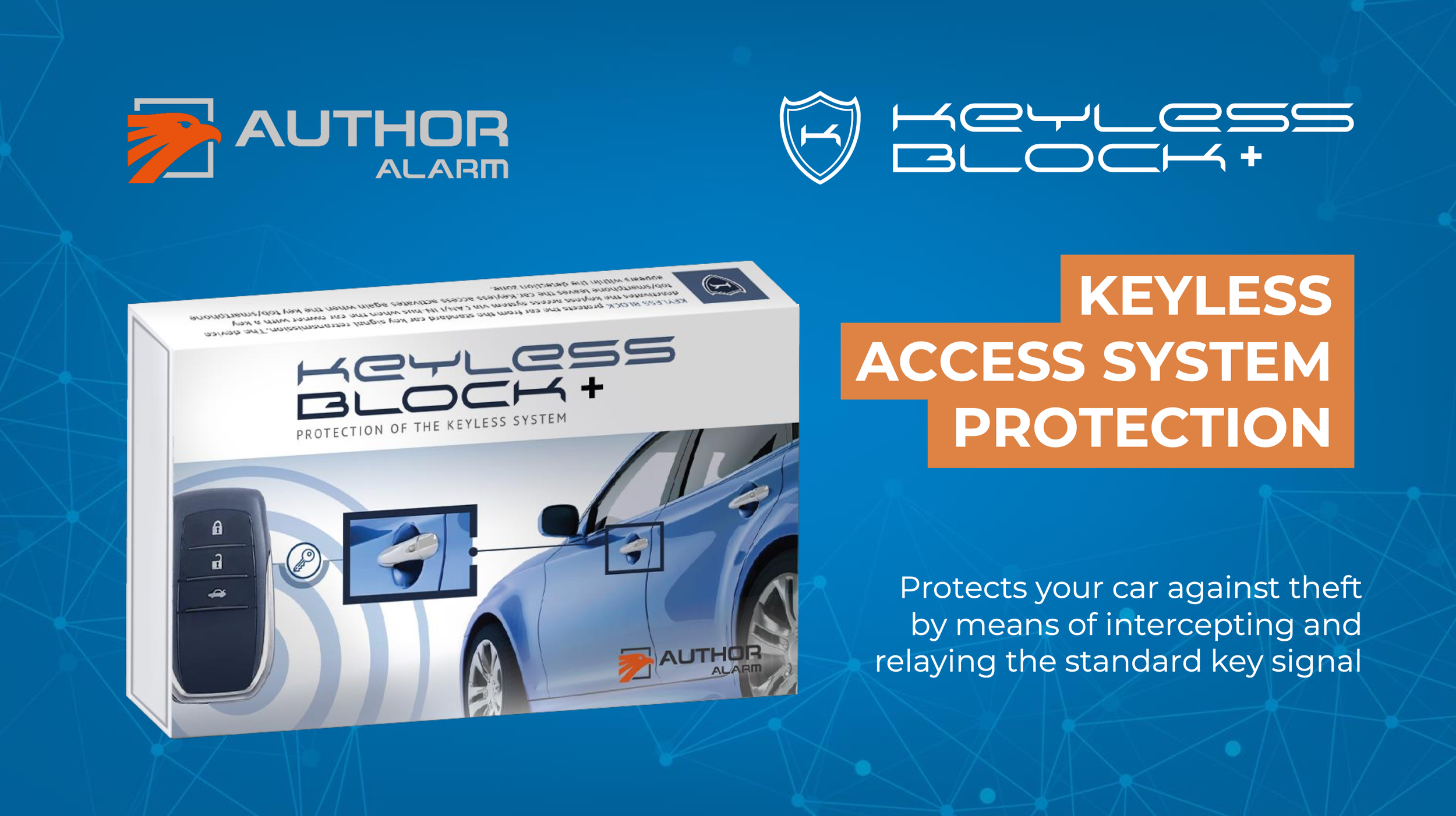 Packaging of Author Alarm Keyless Access System with an illustration of a blue car and key fob on a blue background with text emphasizing protection against theft.