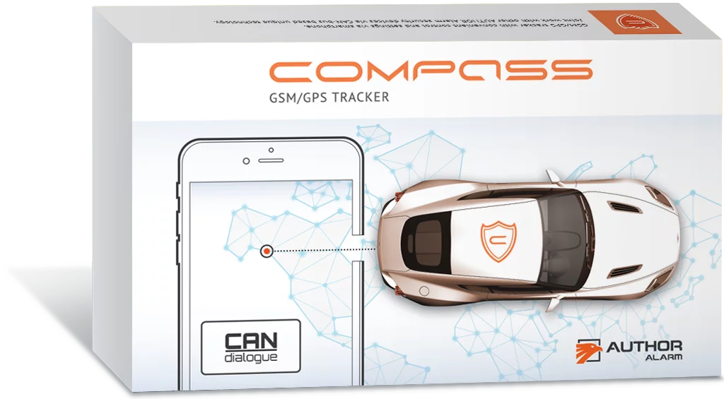 Box packaging of a GPS tracker named Compass, featuring an illustration of a smartphone with a tracking app, a white sports car with a shield logo on the hood, and branding for CAN dialogue, AUTHOR alarm, and Compass.