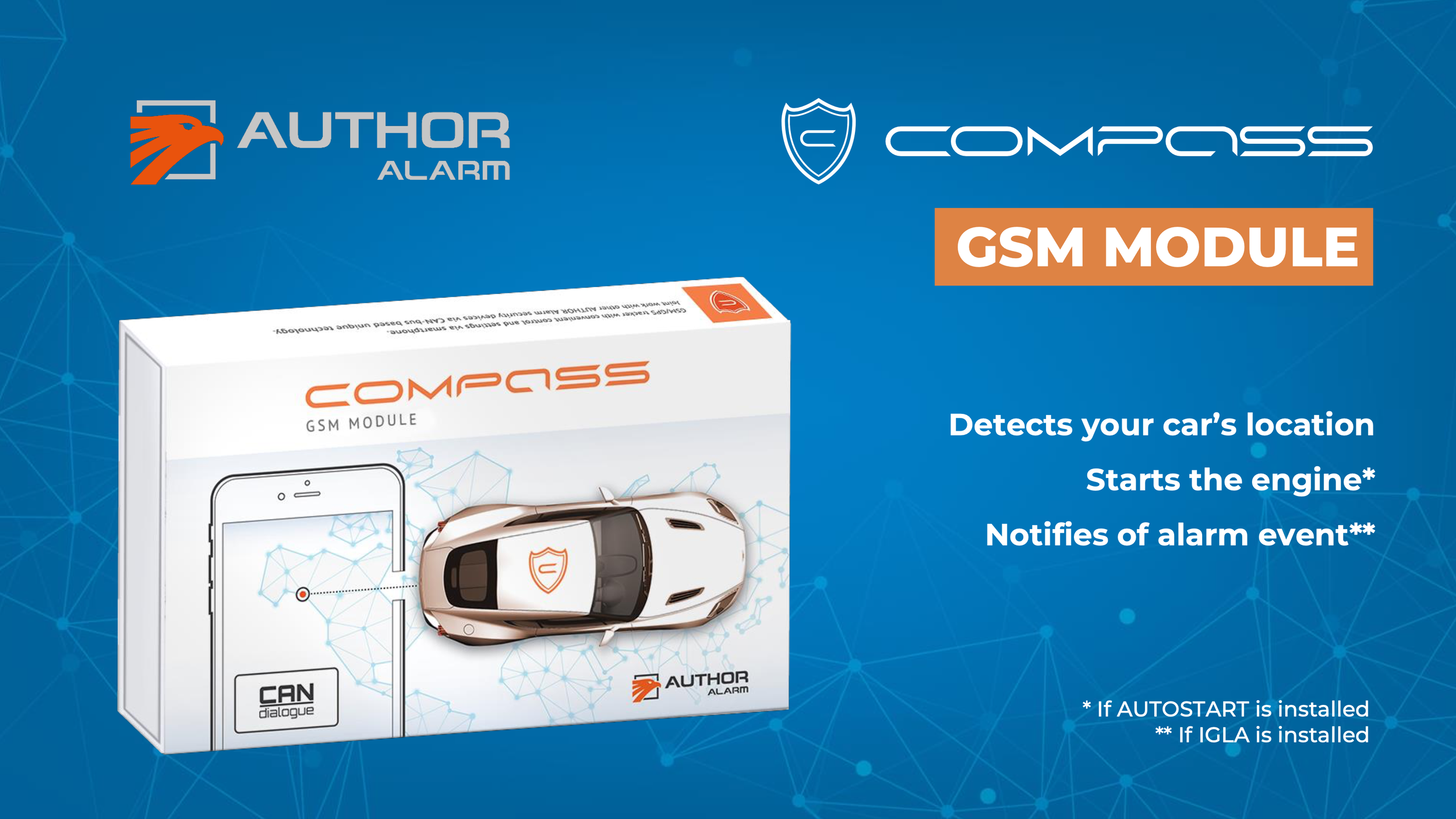 Packaging of Compass GSM Module security system, featuring a white box with a car illustration, mobile app image, and texts highlighting car location detection, engine start, and alarm notifications. Logos for Author Alarm and Compass are displayed.