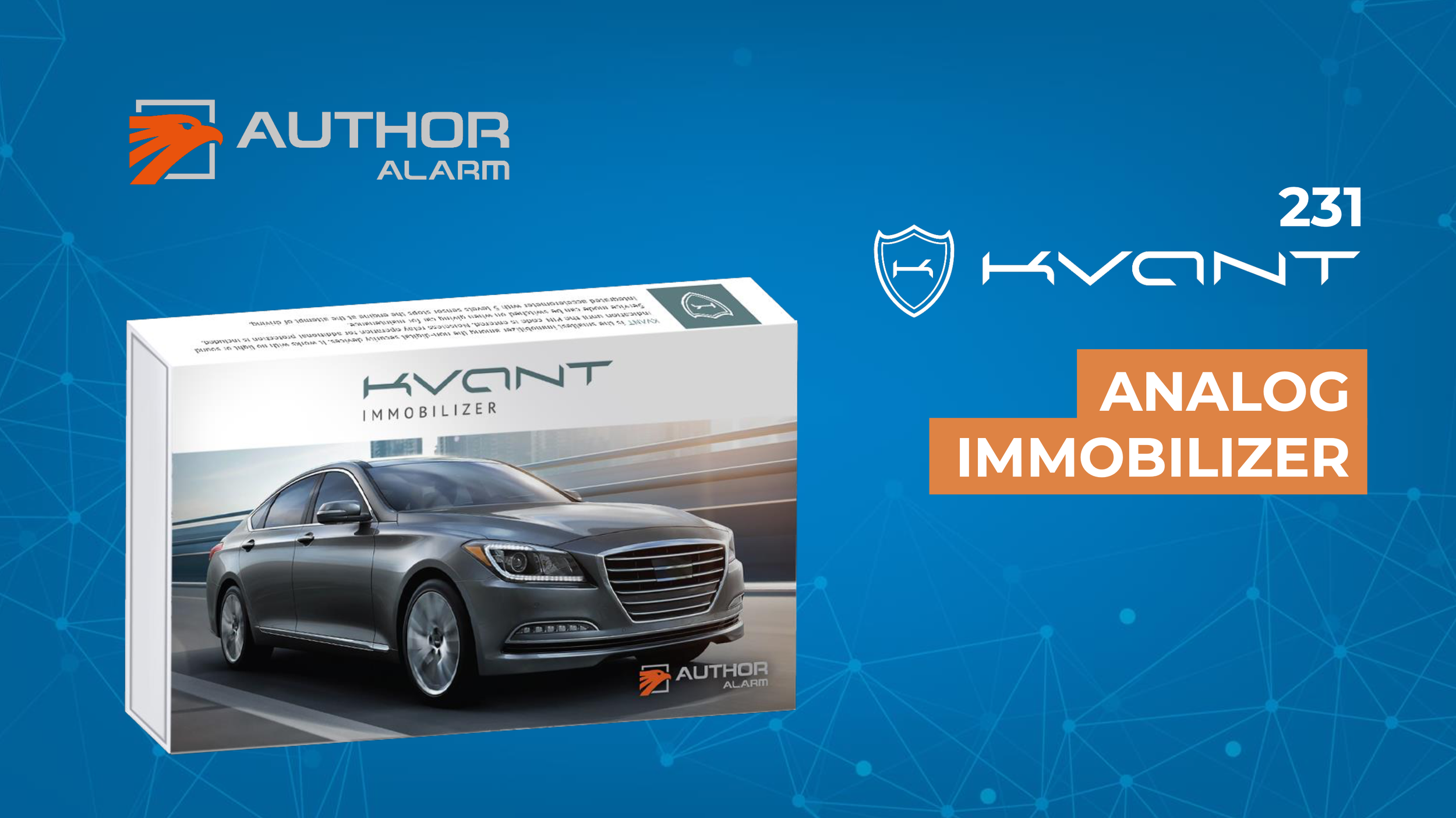 Packaging box for Kvant immobilizer with a silver sedan car on it, labeled as 'Analog Immobilizer'. The background is blue with a digital network pattern and the 'Author Alarm' logo of a stylized orange eagle.