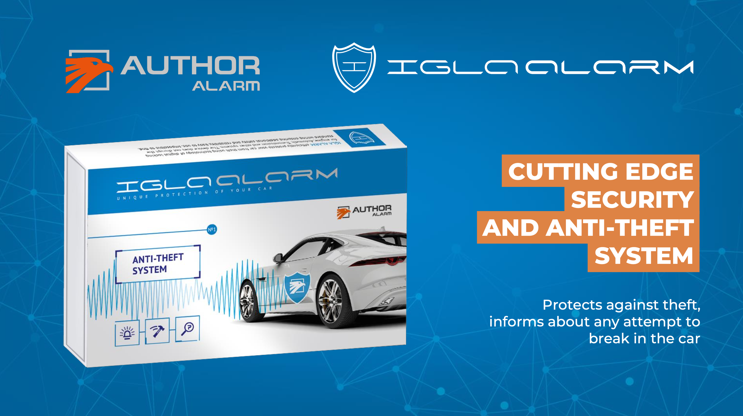 Box of Author Alarm anti-theft car security system with a gray sports car illustration. Text highlights cutting edge security and anti-theft features.