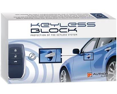 Packaging for a keyless car entry system with a blue car, key fob, and remote start illustration.