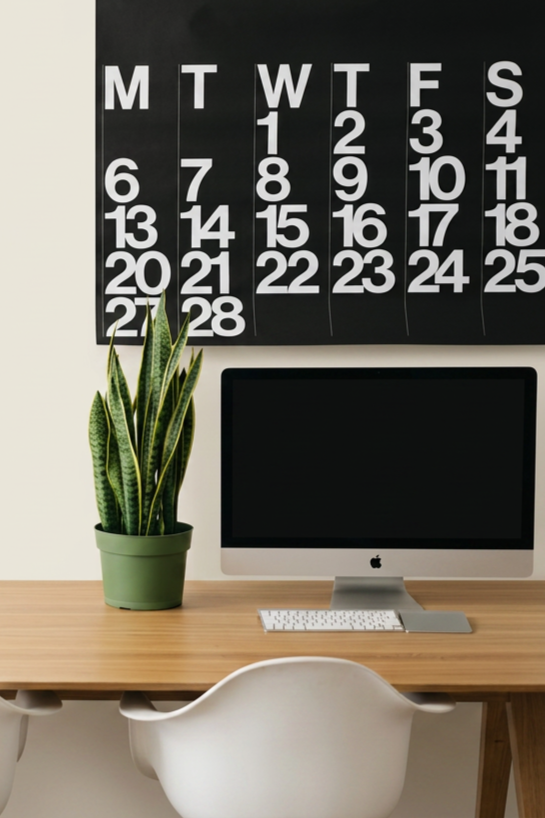 A desk with a green potted snake plant, a large iMac computer, and a wireless keyboard. A black wall calendar displays days of the week and dates, with the current date marked as the 28th.