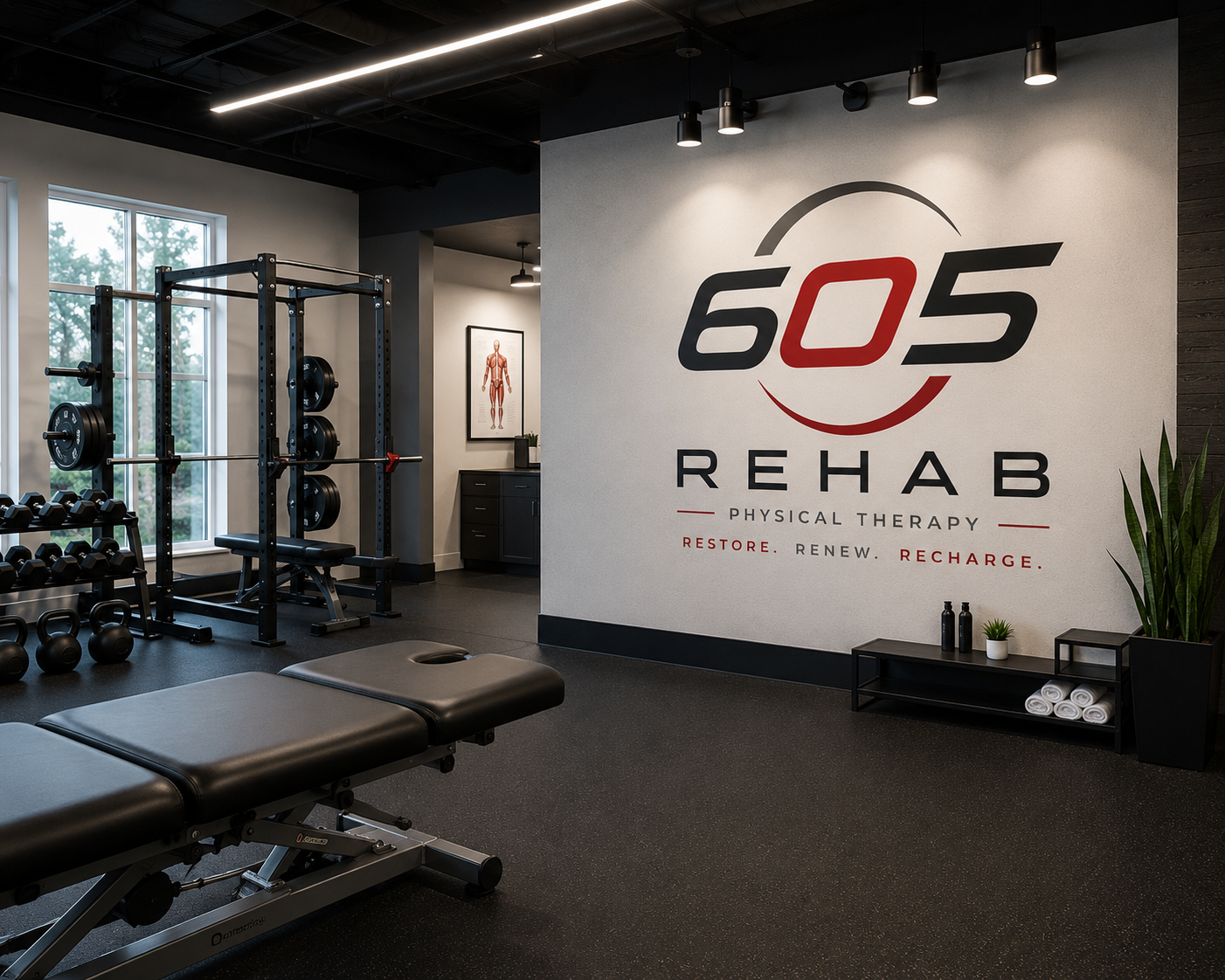 Inside a fitness and physical therapy center with a large wall logo reading '605 Rehab,' featuring workout equipment like weights and a therapy table, with motivational words 'Restore, Renew, Recharge.'