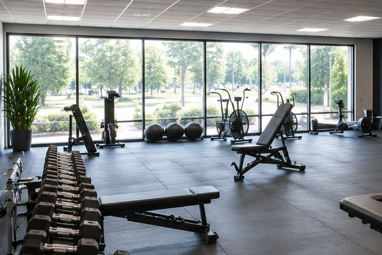 Empty gym with workout equipment including dumbbells, exercise machines, stability balls, an adjustable bench, a rowing machine, and a stationary bike, with large windows showing trees and greenery outside.