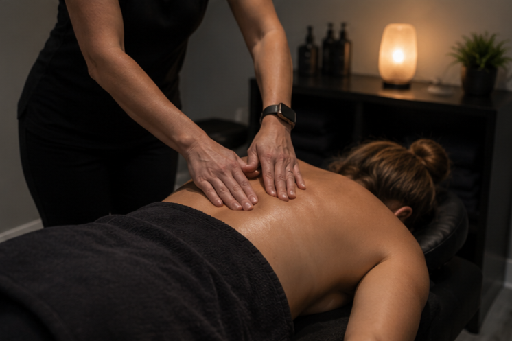 Massage therapist giving a back massage to a woman lying face down on a massage table in a dimly lit room.