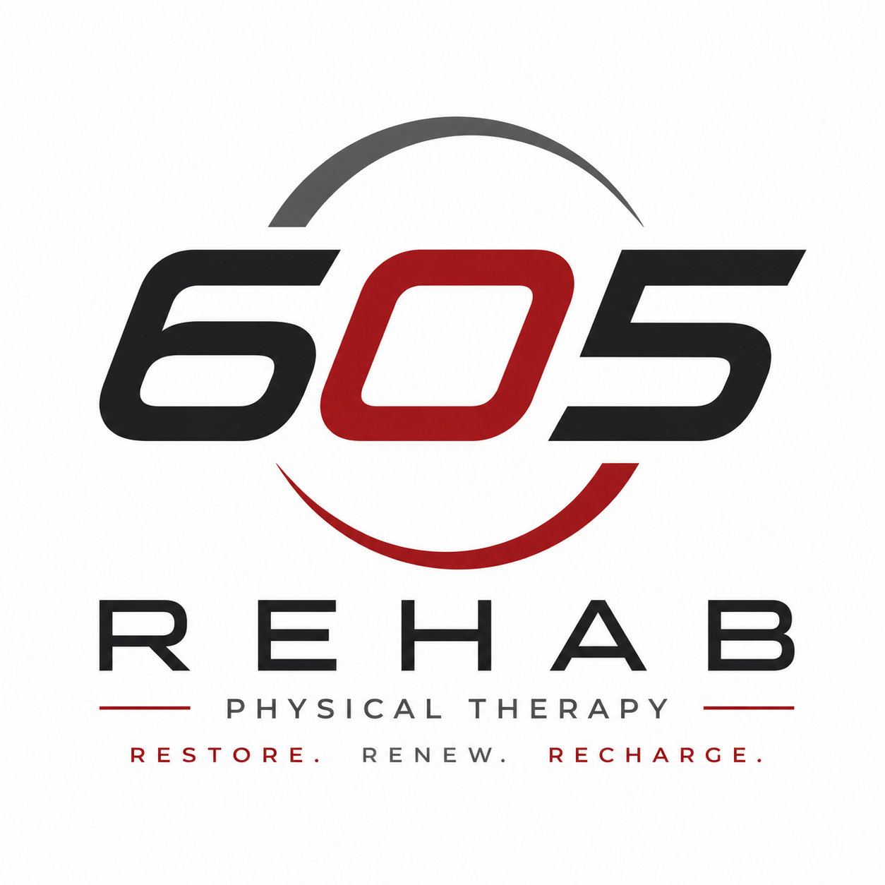 Logo for 605 Rehab, a physical therapy center, featuring the number '605' with 'Rehab' written below and the words 'Restore,' 'Renew,' and 'Recharge' underneath.