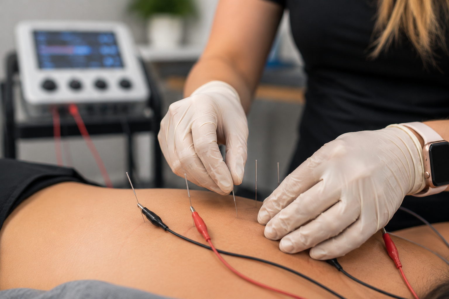 Healthcare professional wearing gloves administering an electrotherapy treatment using needles and wires on patient's arm with medical equipment in background.