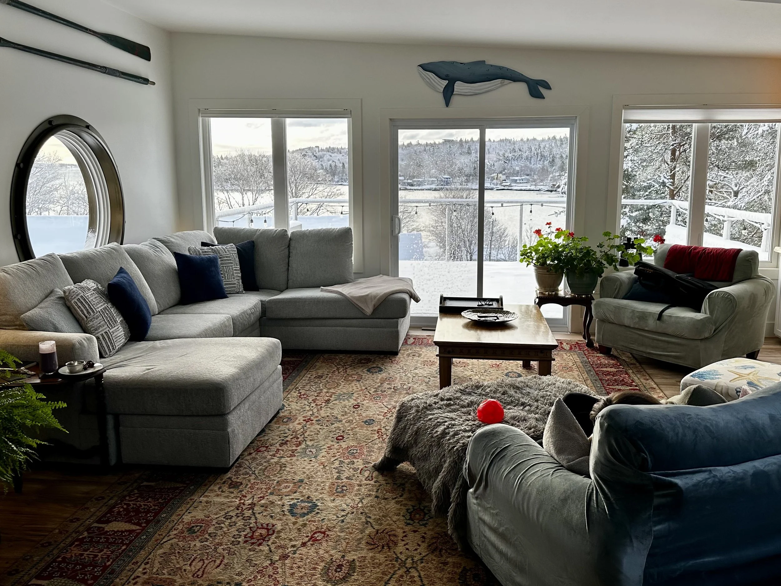 A cozy living room with large windows showing snow-covered landscape outside, including trees and a balcony. The room has light-colored sofas with cushions, a wooden coffee table, an ornate rug, potted plants, and whale and paddle wall decorations.