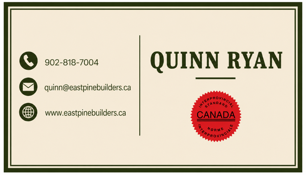 Business card with green border, containing contact info for Quinn Ryan including phone number, email, and website, with a red certification stamp from Canada, and the name Quinn Ryan prominently displayed.