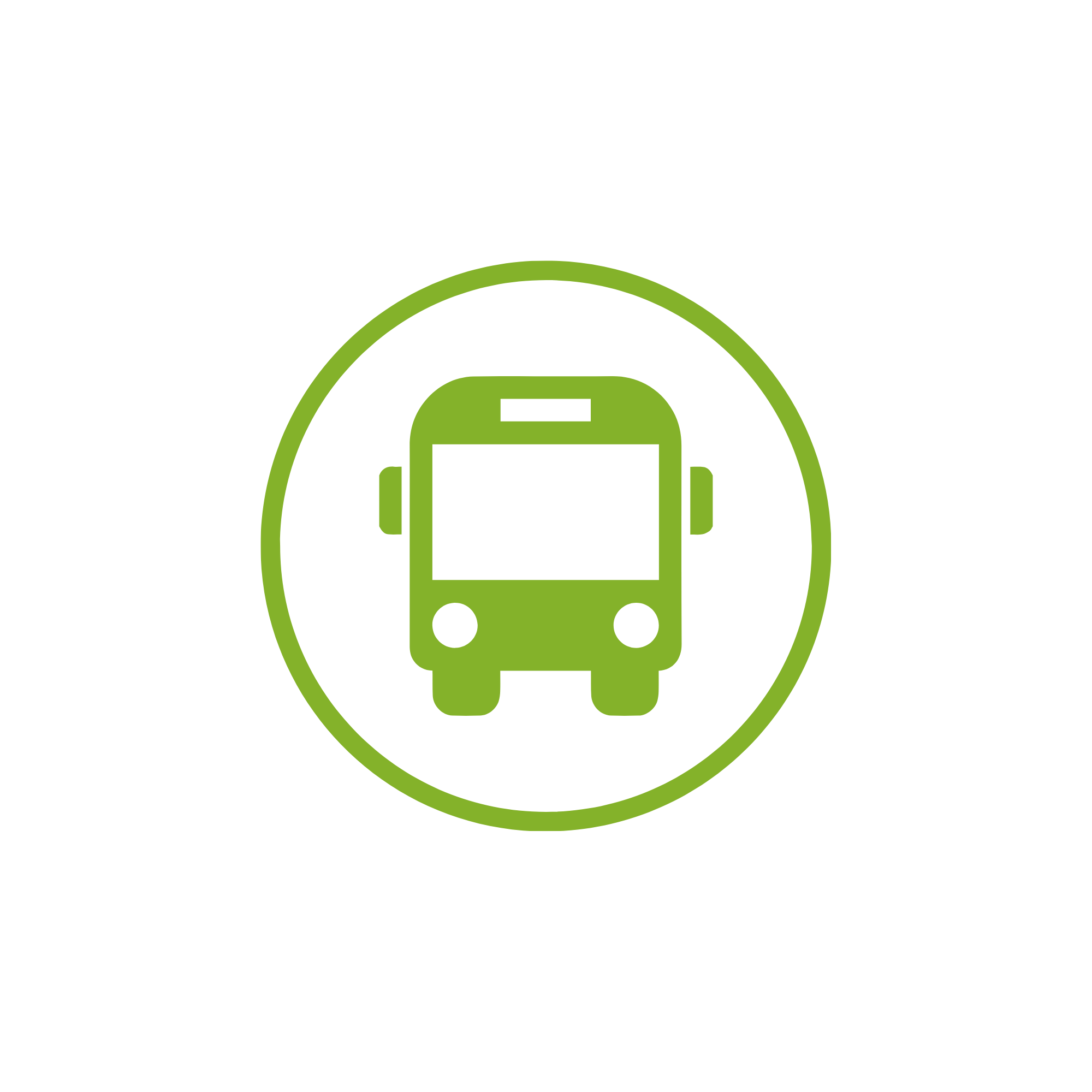 Green outline of a bus within a circle, on a black background.