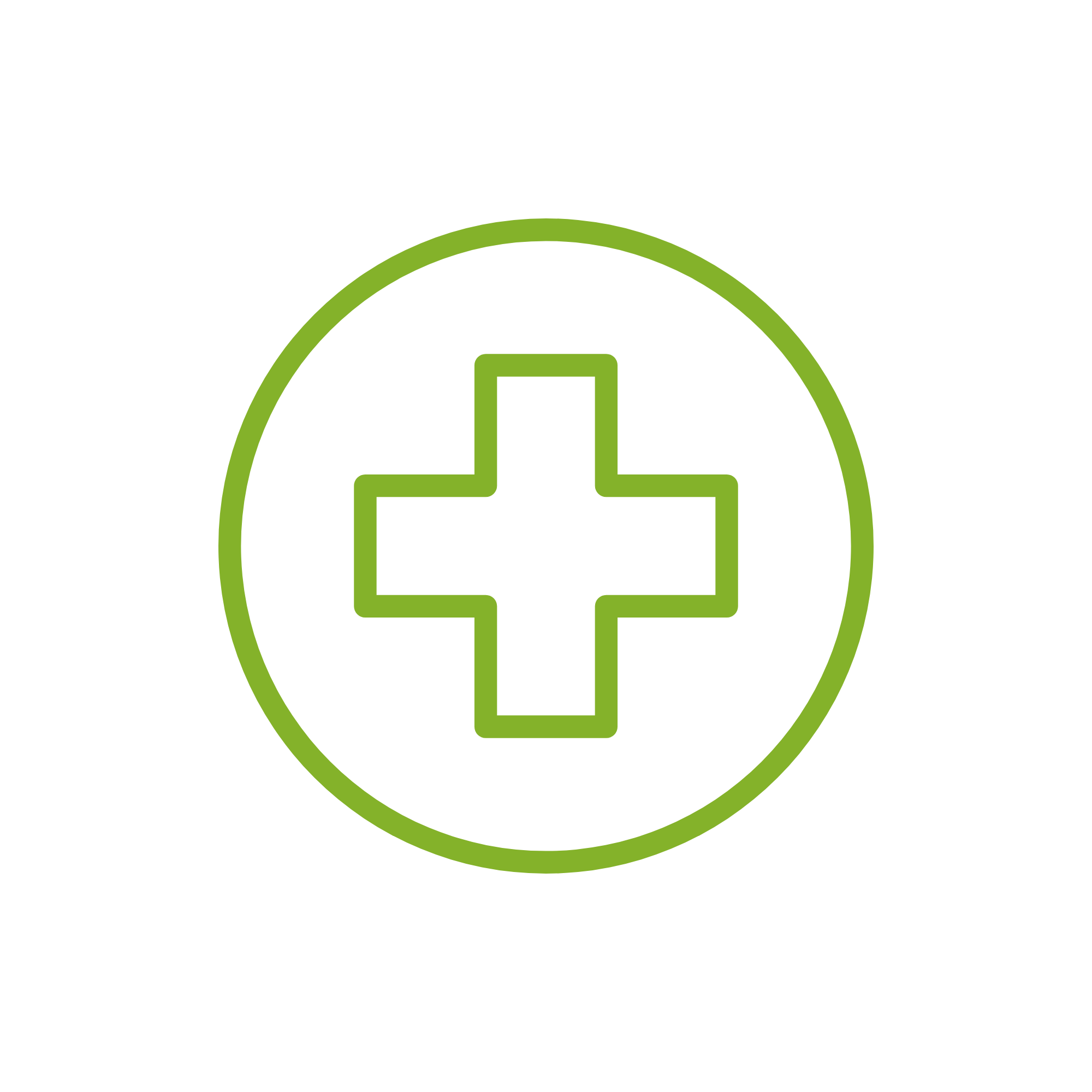 Green outline of a plus sign inside a circle on a white background.