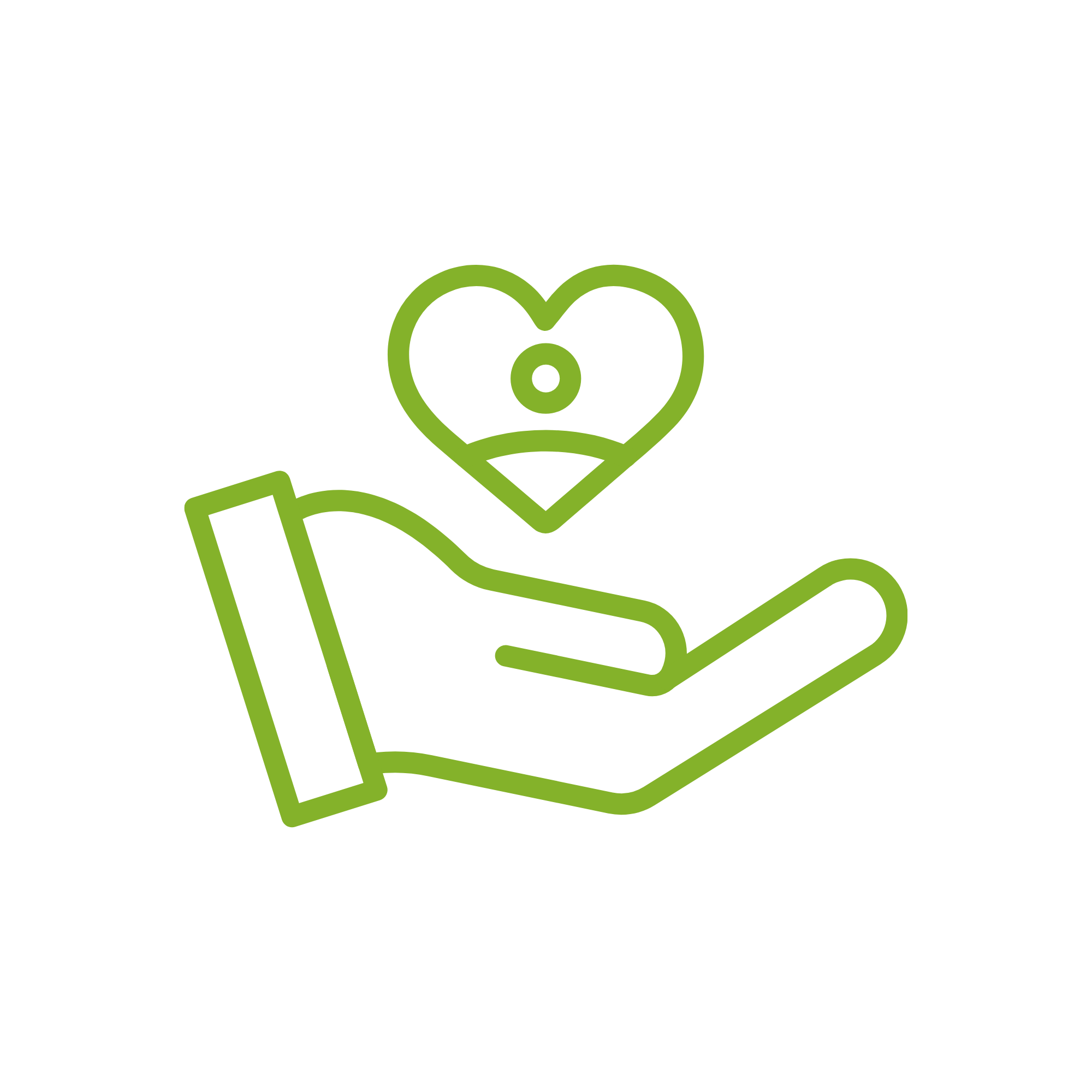 A green outline of a hand with a heart above it