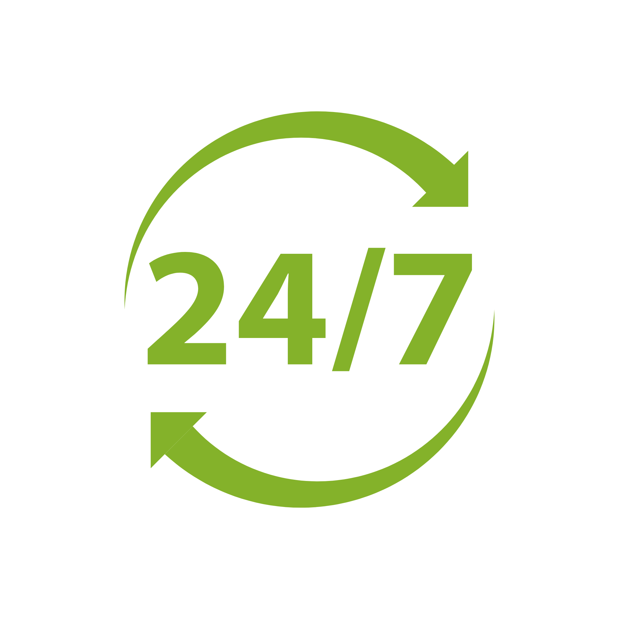 Green circular arrow surrounding the text '24/7' in bright green color