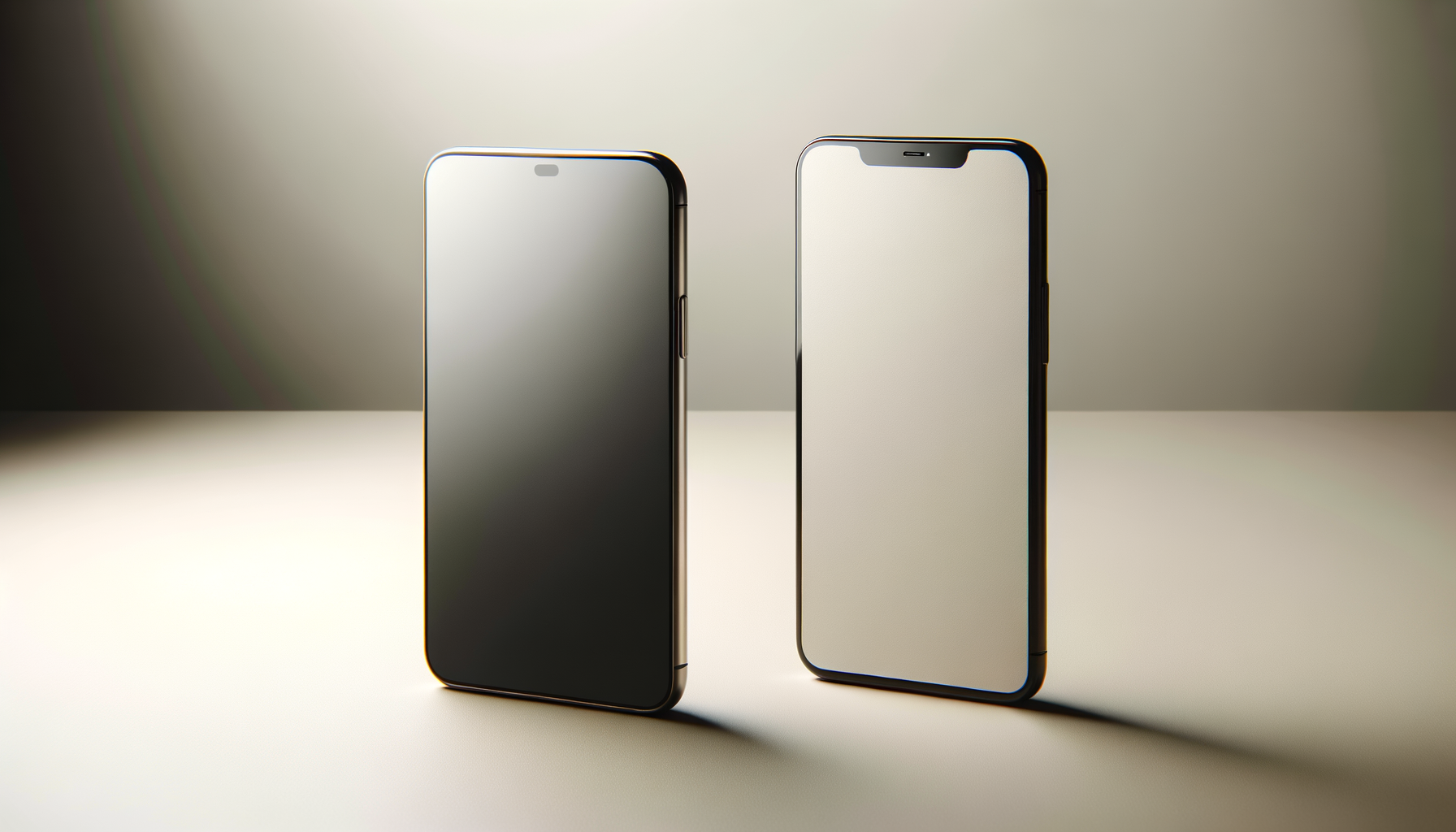 Two modern smartphones on a surface, one with a black screen and the other with a blank white screen, in a well-lit environment.