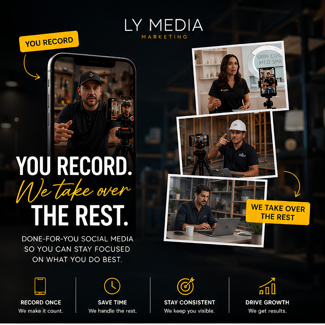 Digital advertisement for LY Media Marketing showing people creating social media content with text emphasizing their social media management services.