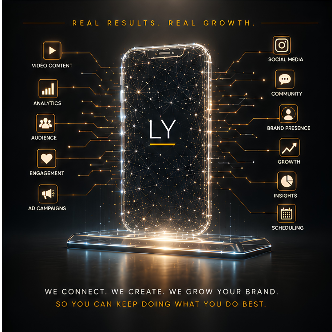 Digital graphic of a smartphone with icons and lines representing digital marketing and brand growth, featuring text "Real Results. Real Growth." and a slogan about connecting, creating, and growing brands.