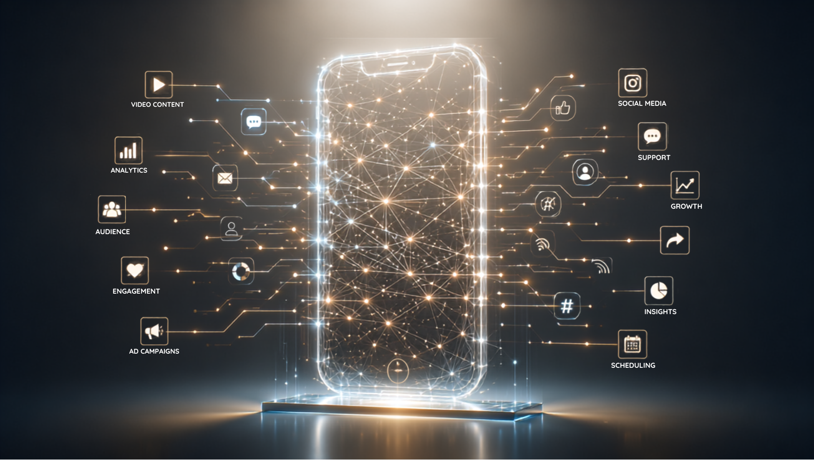 A digital representation of a smartphone surrounded by icons and lines connecting concepts such as video content, analytics, audience, engagement, ad campaigns, social media, support, growth, insights, and scheduling, illustrating digital marketing and social media management.
