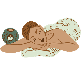 A woman relaxing on a massage table with her head resting on her arms, eyes closed, with a towel draped over her lower back and a decorative vase with plant-like patterns nearby.