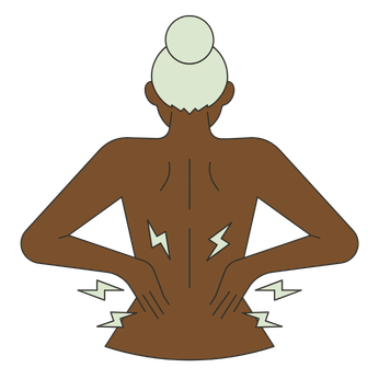 Back view of a person with gray hair, showing lower back pain with lightning bolt symbols near the back and hips.