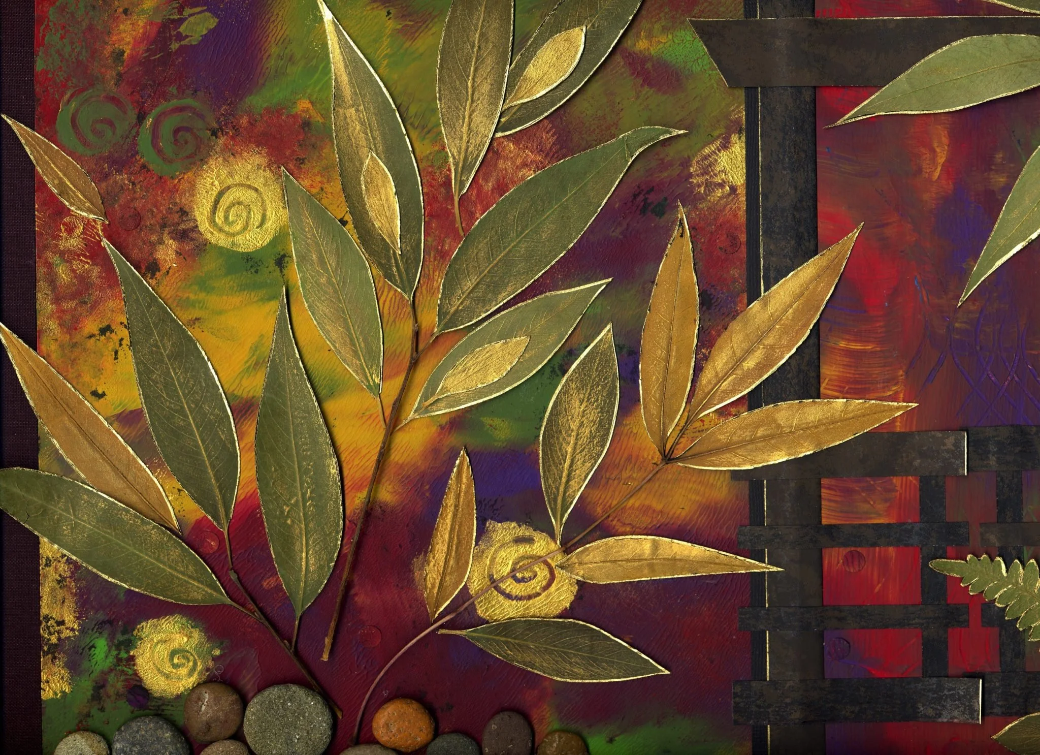 Abstract artwork featuring metallic gold and green leaves, colorful swirls, and textured paint in red, green, purple, and gold hues.