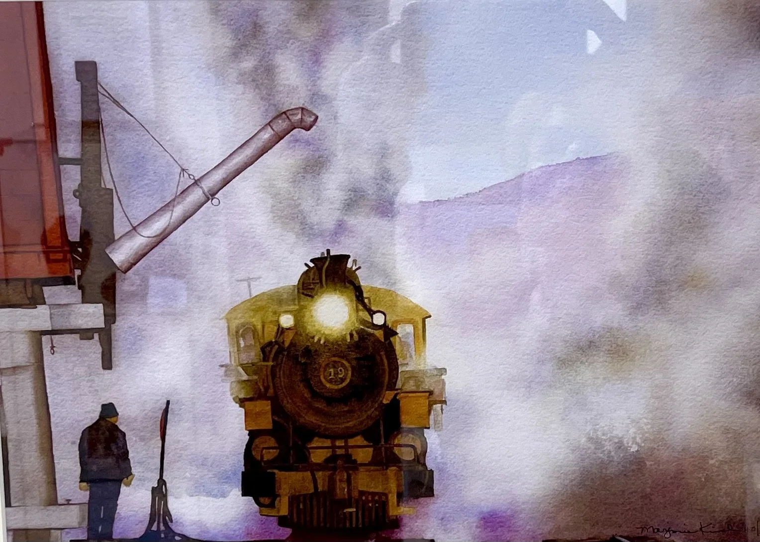 A painting of a yellow steam locomotive train with a large headlamp, emitting steam and smoke, on a purple and pink background. There is a person standing on the left side of the image, looking at the train.