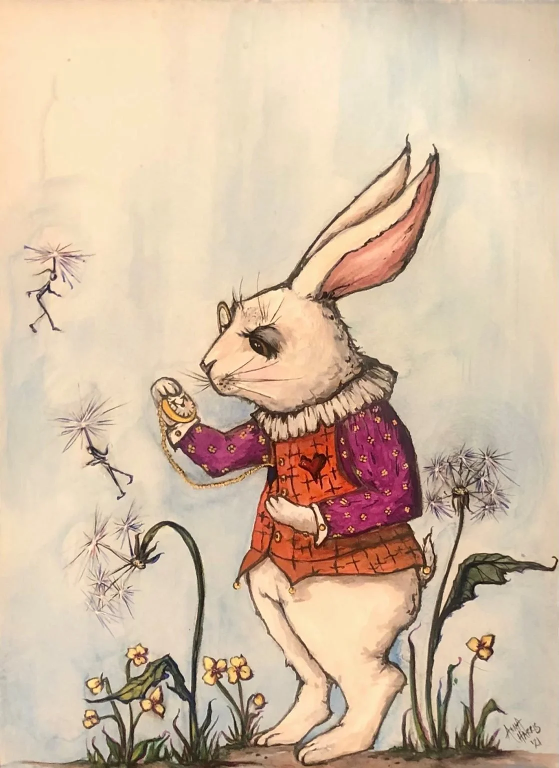 An anthropomorphic rabbit dressed in Victorian-style clothing, holding a pocket watch, with dandelions and flowers around it.