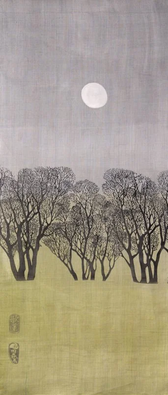 Silhouette of leafless trees under a full moon in the night sky, on fabric or a textile print.