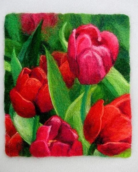 A colorful painting of red tulips with green leaves.