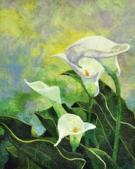 Painting of three white calla lilies with green leaves and a blurred yellow and green background.