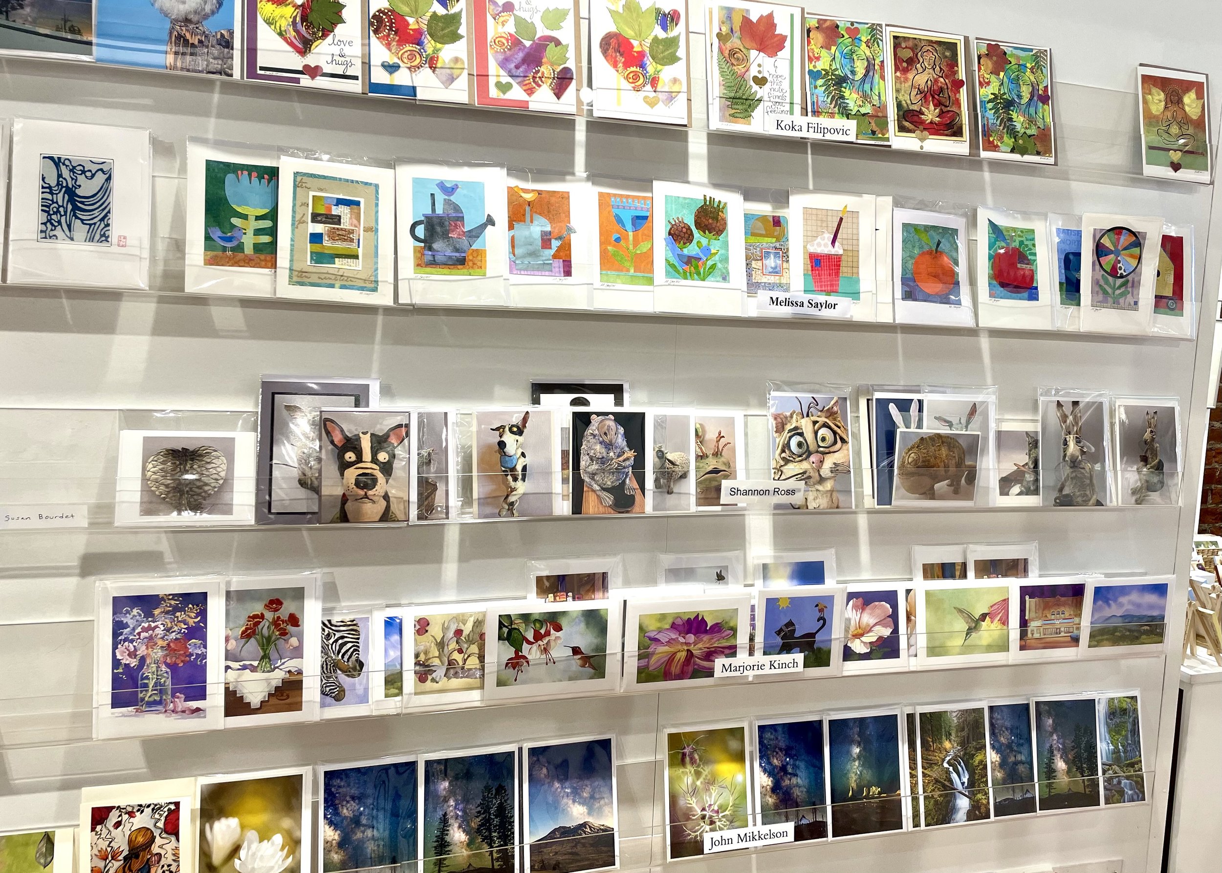 Art gallery display wall showcasing colorful artwork, including abstracts, nature scenes, and animal portraits, with artist names like Koka Filipovic, Melissa Saylor, and Marjorie Kinch labeled below.