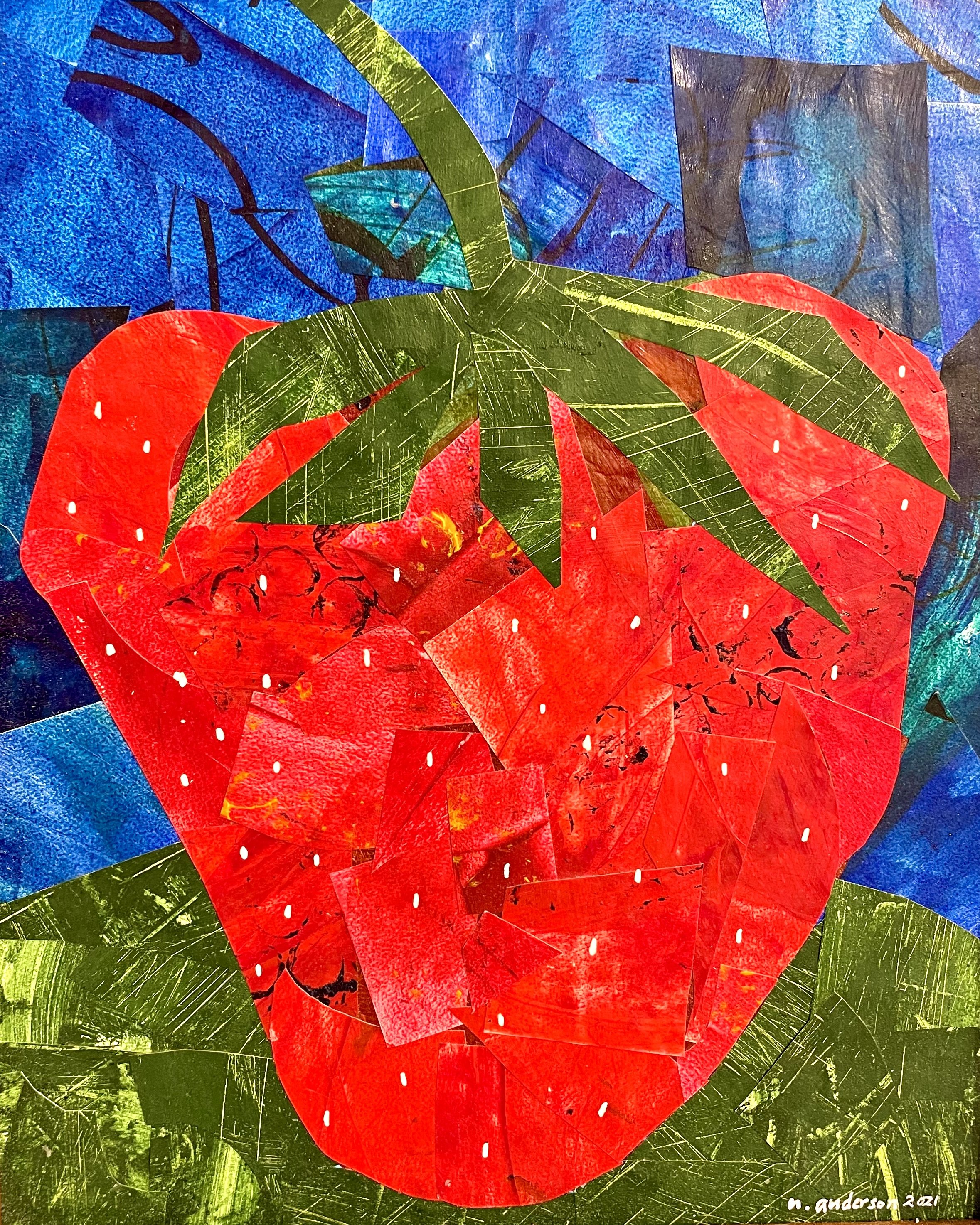 A colorful abstract collage featuring red, green, blue, and purple hues with leaf and geometric shapes, and small white dot accents, with a signature in the bottom right corner that reads 'n. gUNDERSON 2021'.