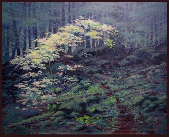 A painting of a dense forest with trees, rocks, and foliage, featuring a small stream running through the undergrowth.