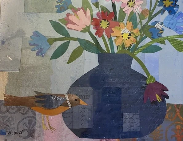 A colorful collage of a flower bouquet in a dark blue vase with a bird nearby.