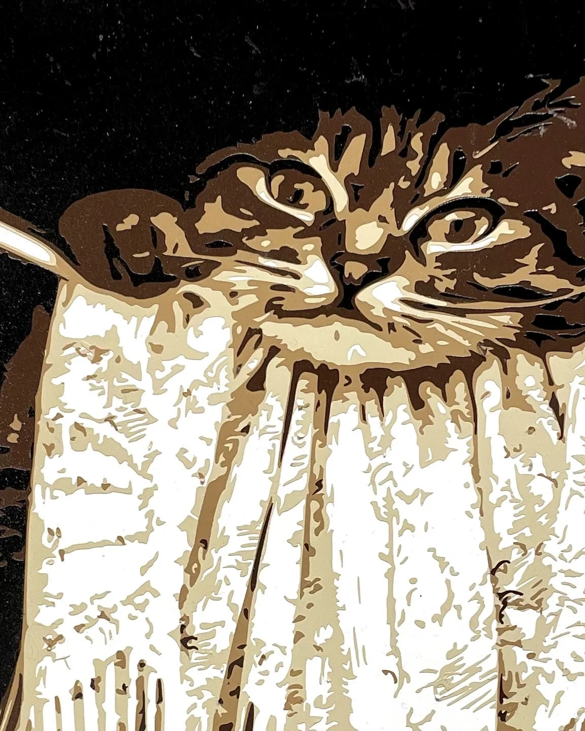 Stylized digital art of a cat's face blending with a hot drink topped with whipped cream, resembling a latte art design.