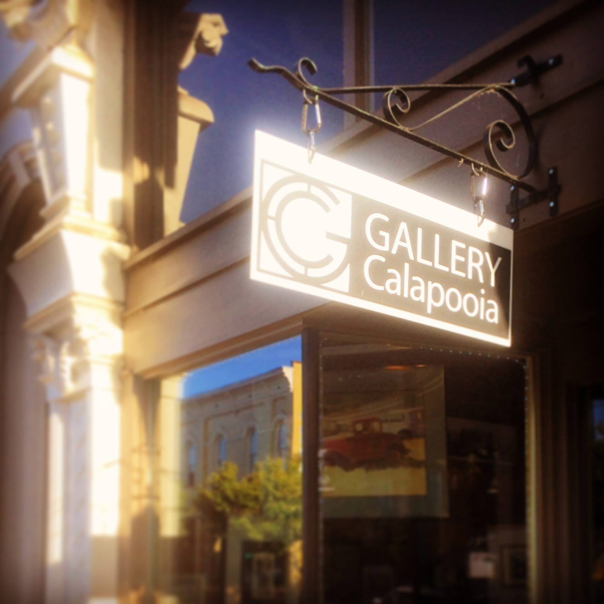 Sign for Galapagos Gallery at night reflecting light