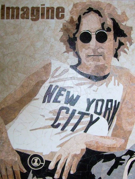 Mosaic-style portrait of a man wearing sunglasses and a New York City T-shirt, with the word 'imagine' in the top left corner.