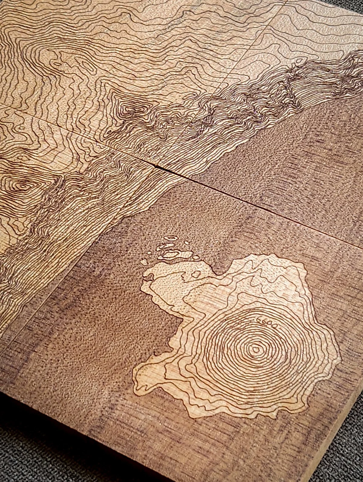 Wooden map with contour lines and engraved landmasses.