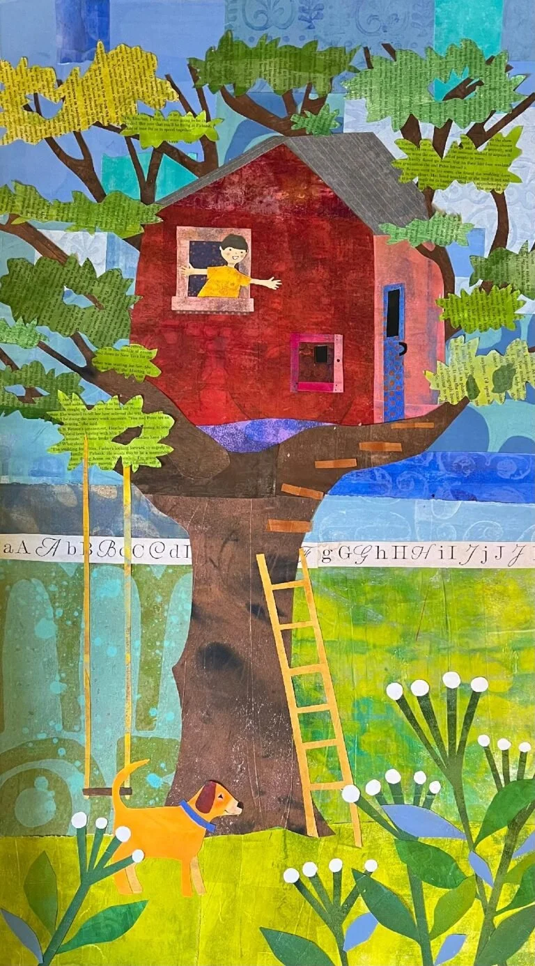 A colorful collage of a treehouse with a child looking out of the window, a yellow dog on the grass, and green leaves and flowers. There are ladders leaning against the tree.