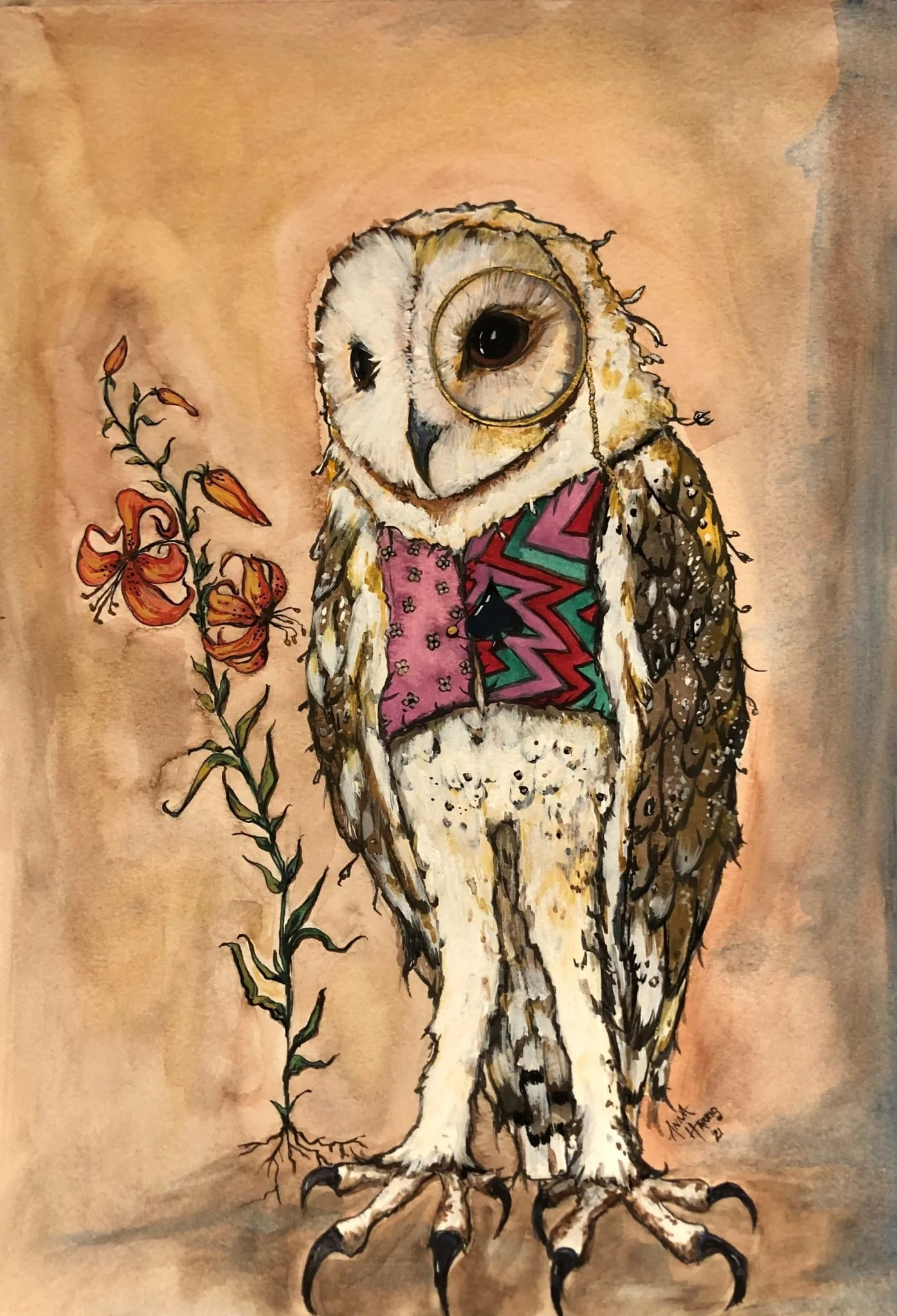 A watercolor painting of an anthropomorphic owl wearing a colorful vest and a monocle, standing on tree roots with a small plant and orange flowers beside it, signed by the artist.