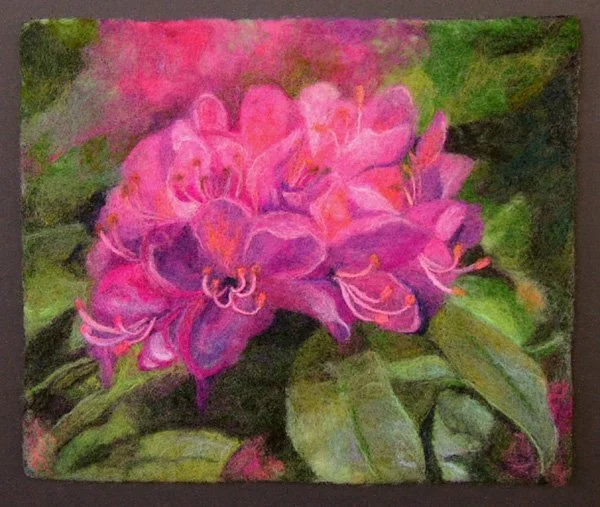 A watercolor painting of pink and purple rhododendron flowers with green leaves.