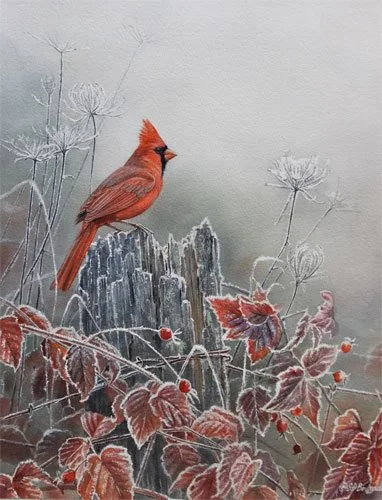 A painting of a red cardinal perched on a tree stump surrounded by fall foliage and dried plants.