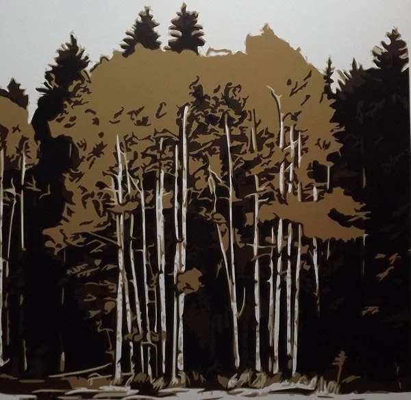 Illustration of a forest with tall trees, featuring brown and dark green foliage.