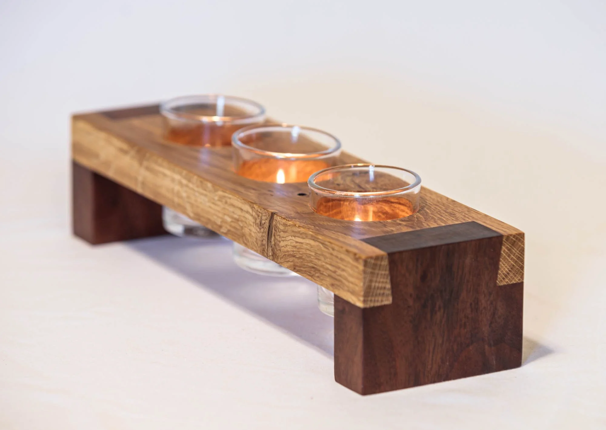 Dovetailed candle holder in Oregon white oak and black walnut
